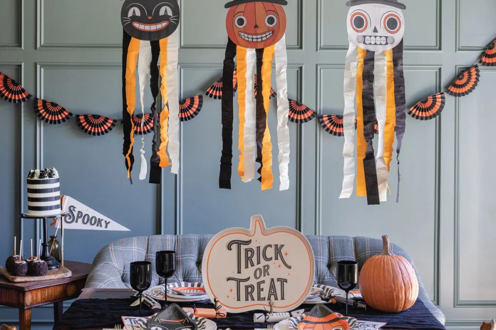 Vintage Halloween Decorations Orange and Black Crepe Paper Skull Banner: Modern Twist on Vintage Halloween!